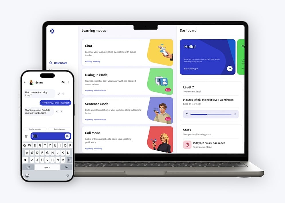 A laptop displays a language learning dashboard and a smartphone showcases a chat interface