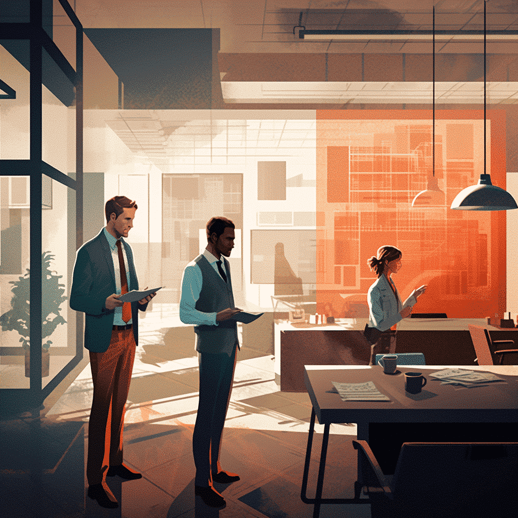 Office scene with three coworkers and a desk.