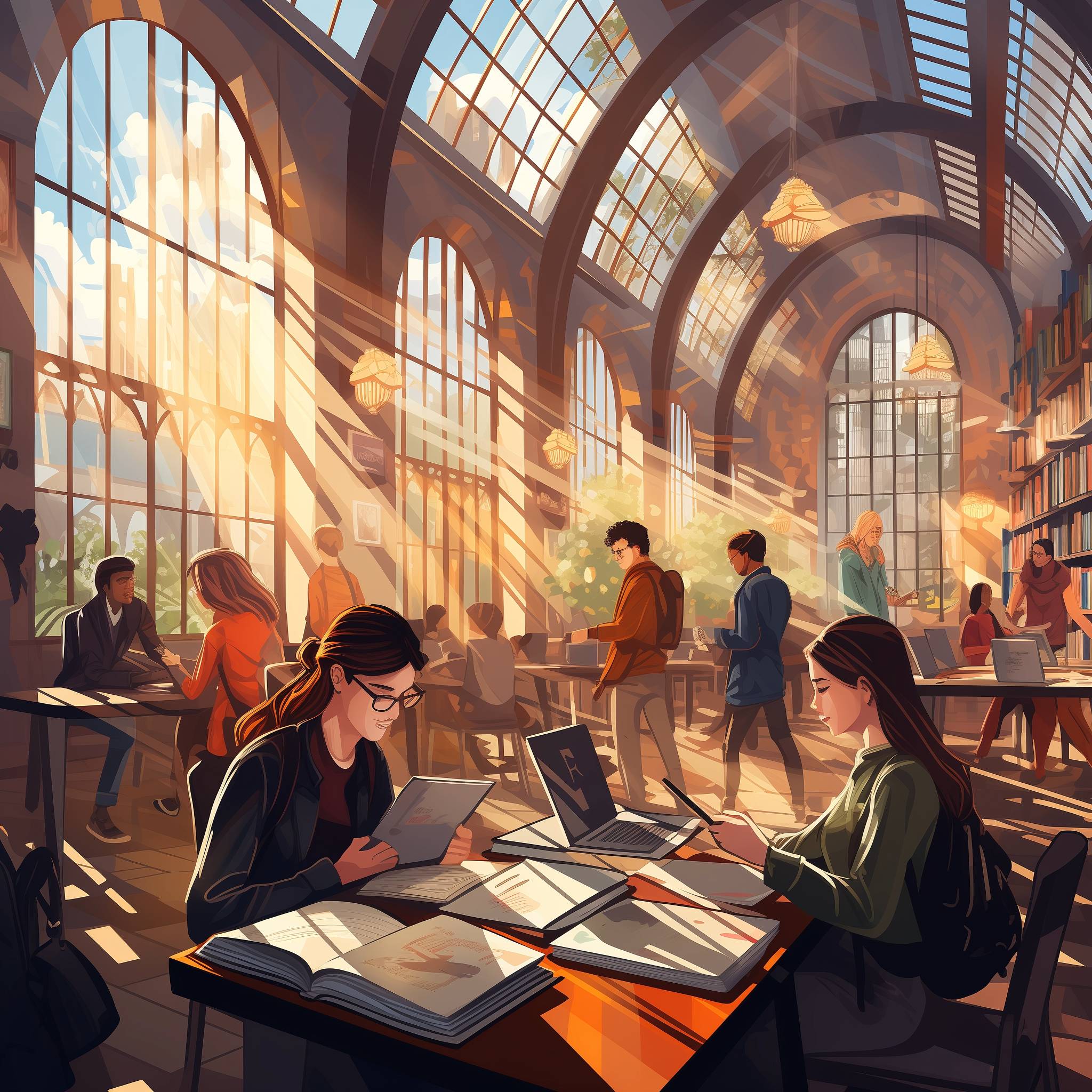 students in library