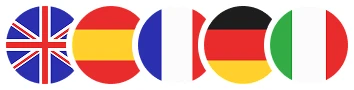 Flags of English, Spanish, French, German and Italian