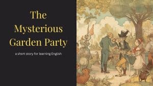 An illustrated garden party scene featuring characters