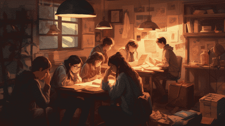 A warm-lit study room with several individuals