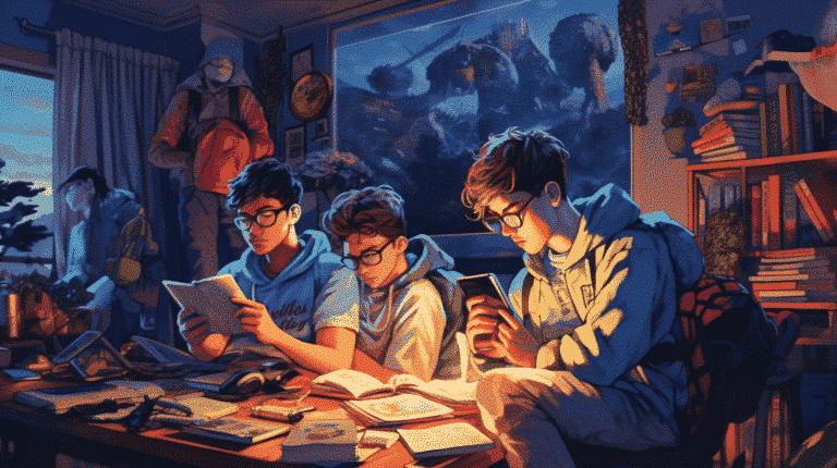 Students studying with their books and notebooks.