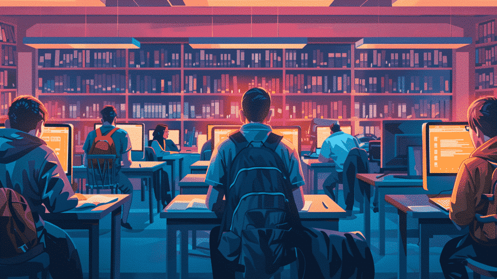 Student typing an English essay on library computer.
