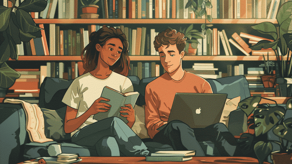 Two friends reviewing grammar rules in the library.