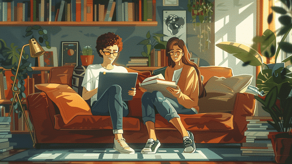 Pair of students solve language practice sheets.
