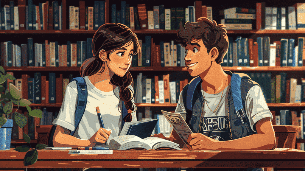 Two learners sit with language books in library.