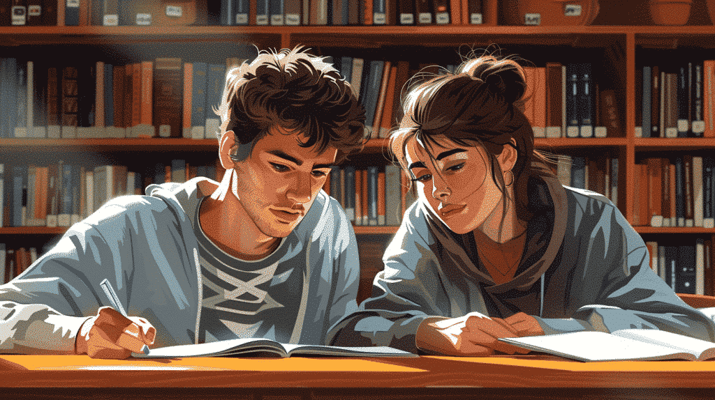 Two friends studying language topics side by side.