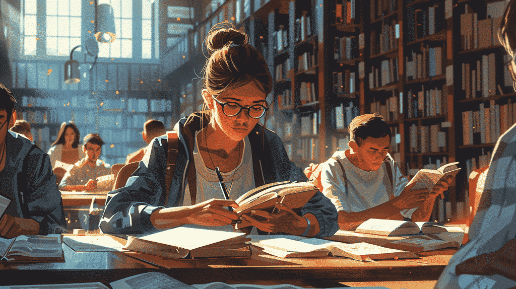 Two students study language lessons in a quiet library.