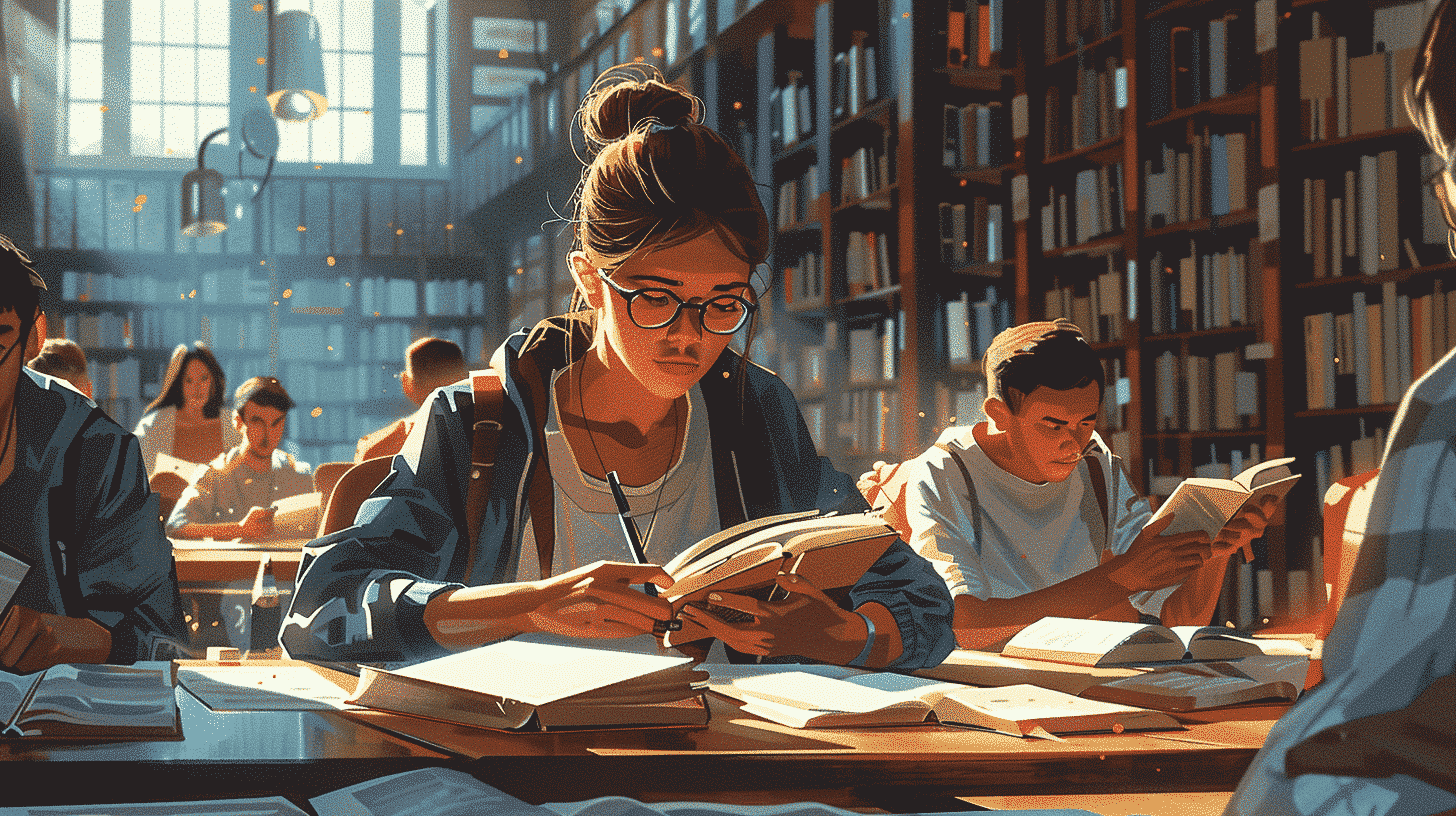 Two students study language lessons in a quiet library.