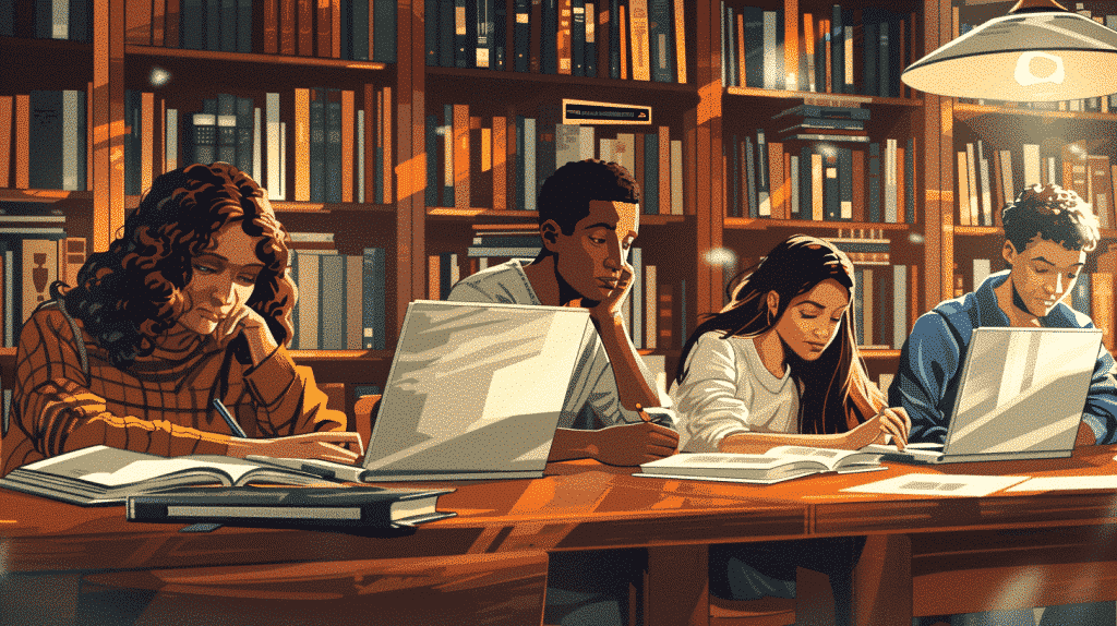 Students refine language skills with AI in library.