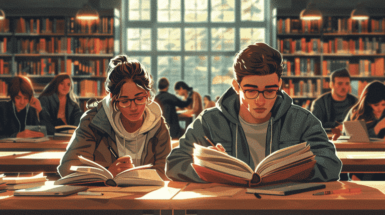 Students studying in the library.