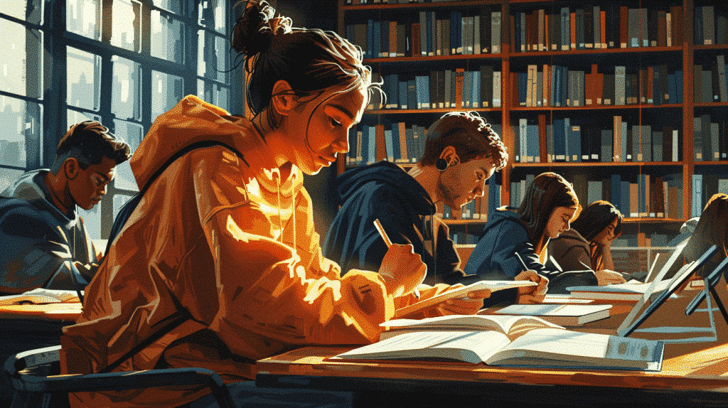 Learning languages with AI in library bustling students.