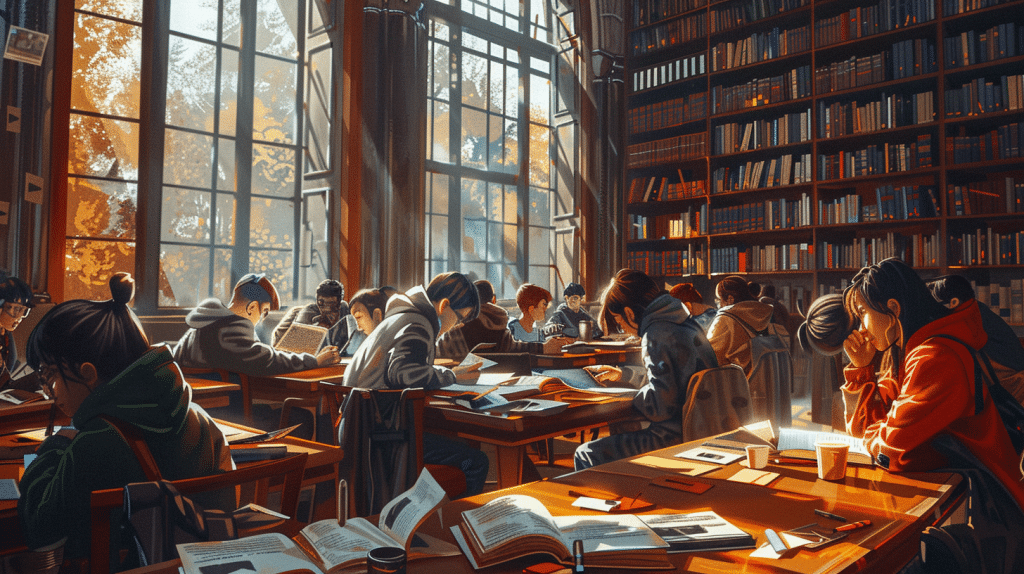 Collaborative language learning at a library table.