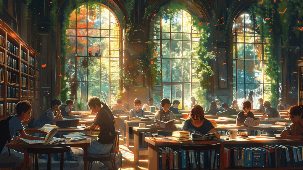 Students' productive language study session in the library.