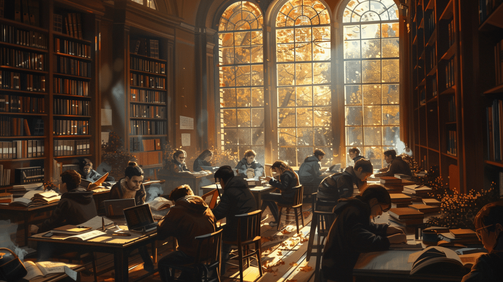 Language proficiency improvement at a library table.