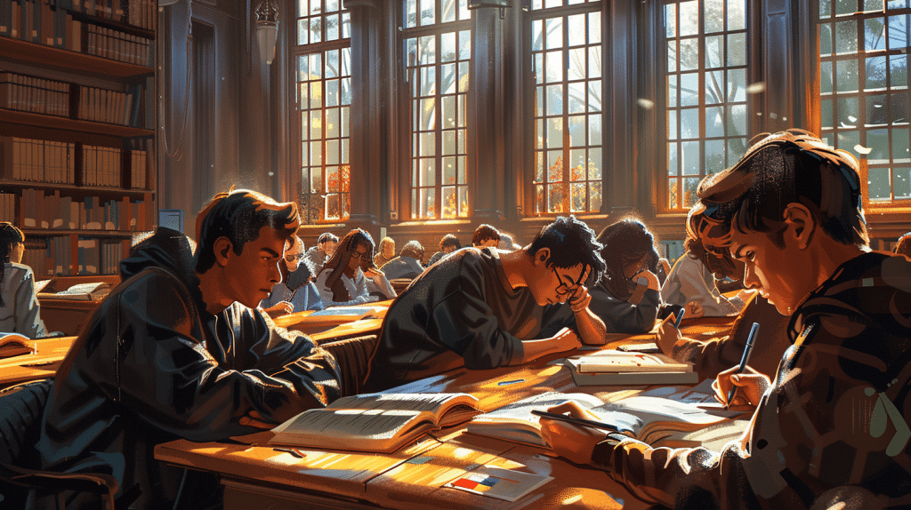 Friends focus on foreign language study in library.