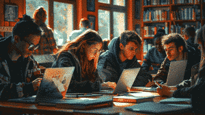 Language students deep in their studies in library.