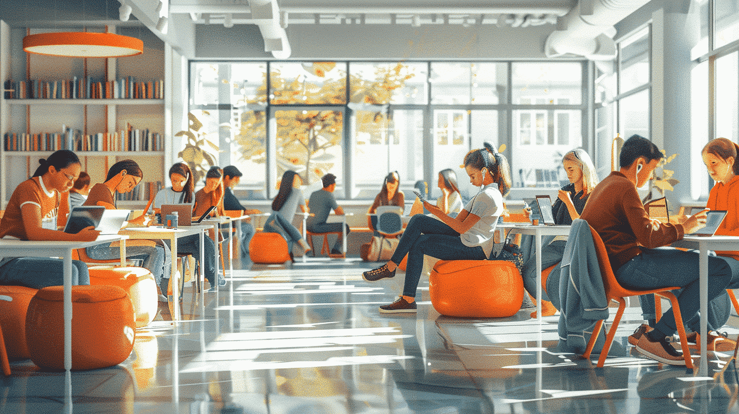 Language learners work together in the serene library.