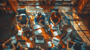 Library shelves offer resources for language learners.