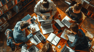 Focused language exercises in a university library.