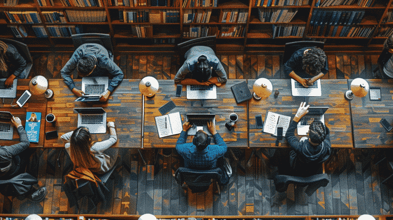 Students focused on studying in the library, with laptops and textbooks open.