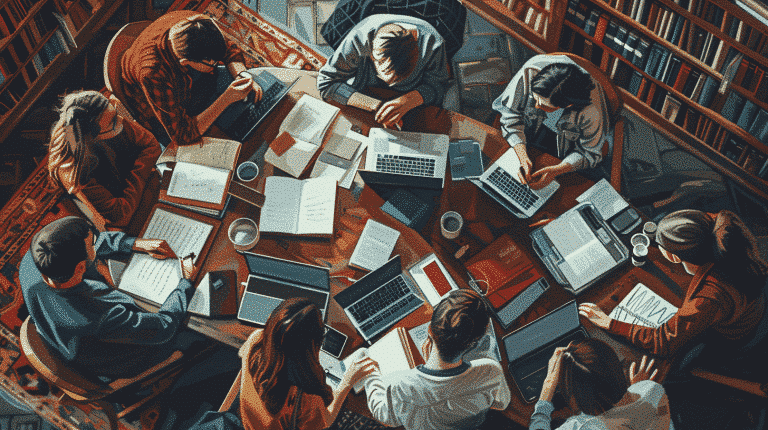 Students focused on studying in the library, with laptops and textbooks open.