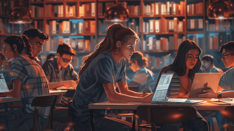 Students focused on studying in the library, with laptops open.