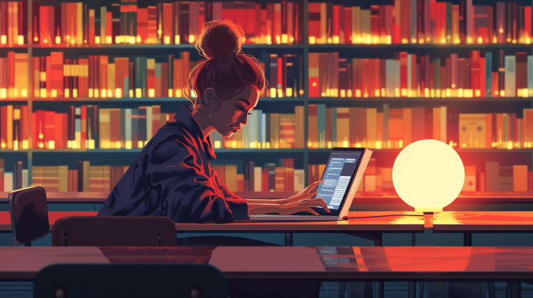 Student focused on studying in the library with the laptop.