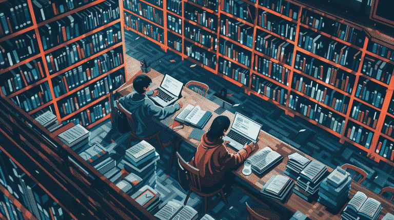Two students studying in the library.