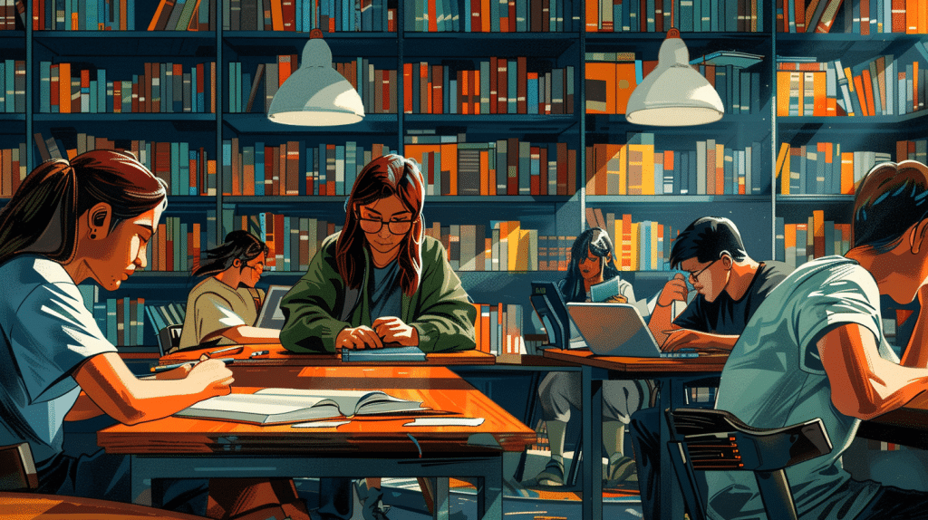 Students sharing language notes at a library table.