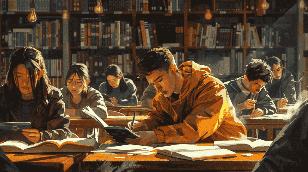 Un estudiante leyendo un libro de aprendizaje de idiomas en la biblioteca.