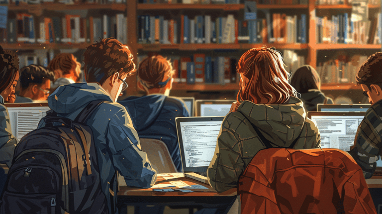 Students focused on studying in the library with their laptops open.