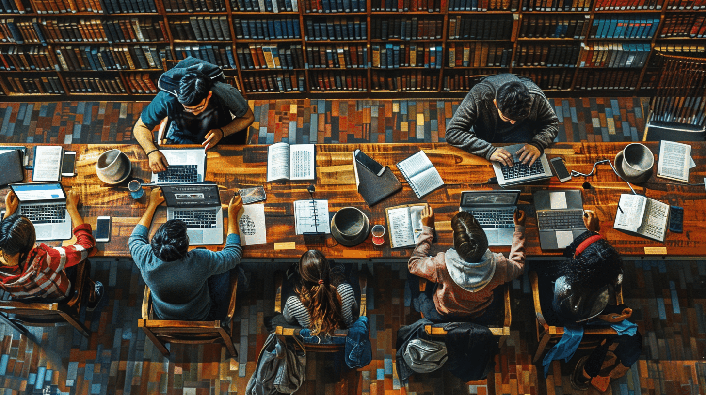 Collaborative language skills practice in a quiet library.