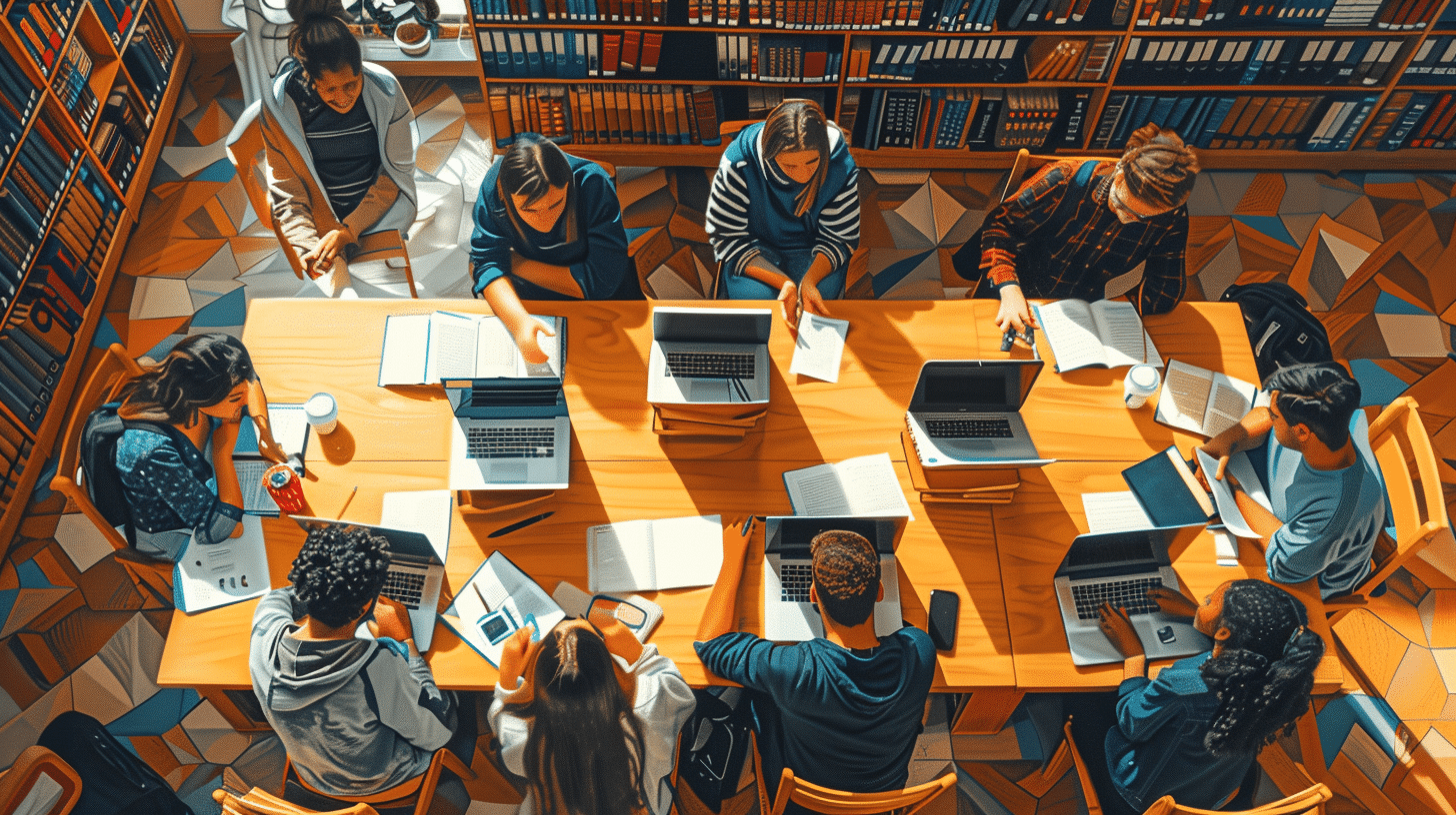 Students testing their language skills in the library.