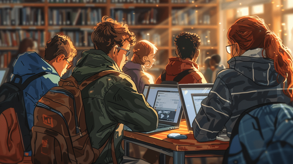 L’étude axée sur la langue se déroule sur les tables de la bibliothèque.