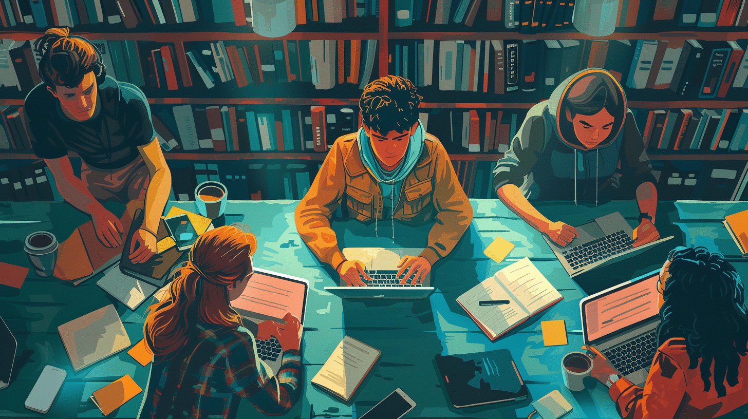 Friends engaged in language homework in the library.