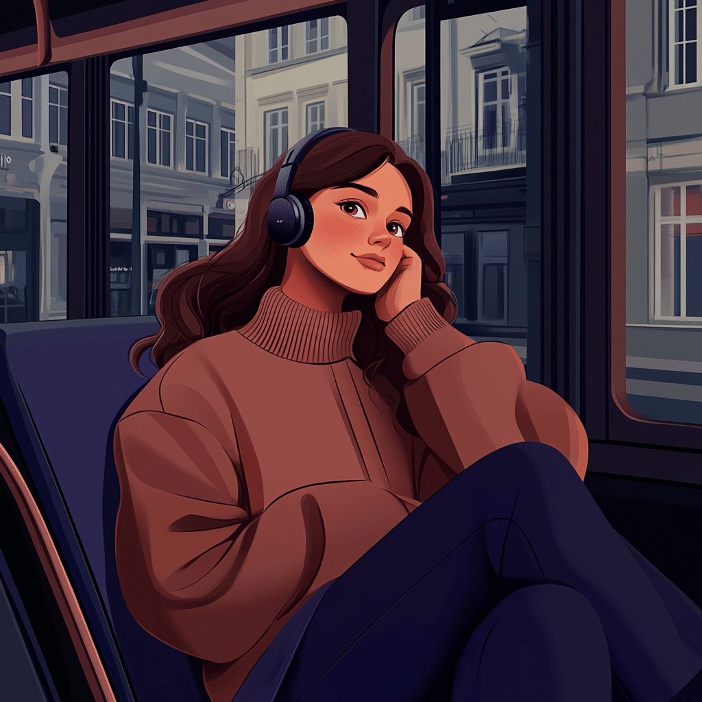 A girl sits in a bus, gazing out at a cityscape