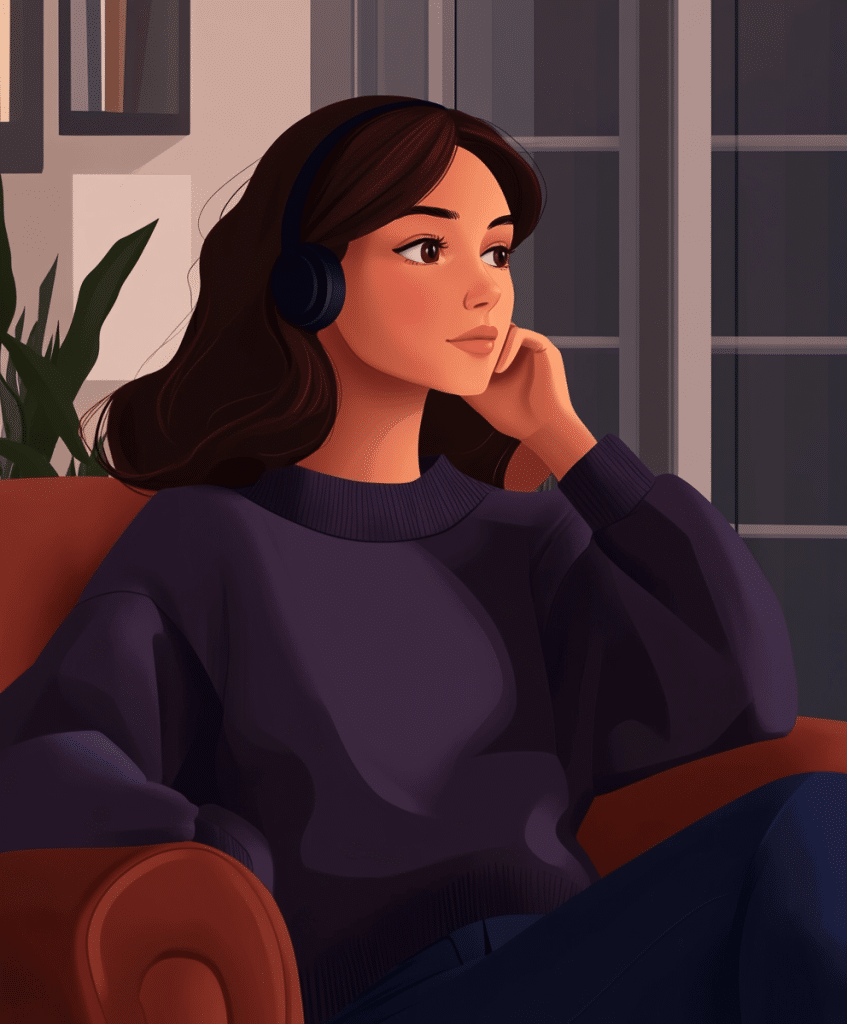 A young girl wearing headphones relaxes on a cozy orange couch