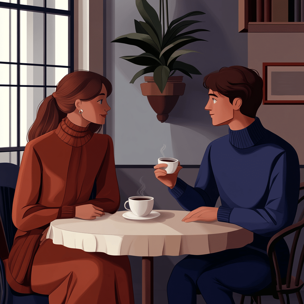 A girl and a boy sit at a cafe, talking and drinking coffee