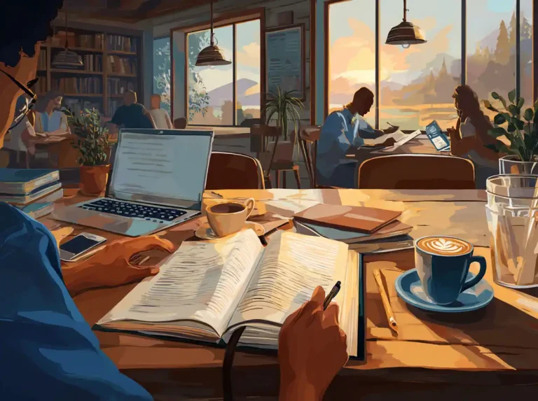 A person studies an open book and drinks coffee while learning languages in a busy cafe.