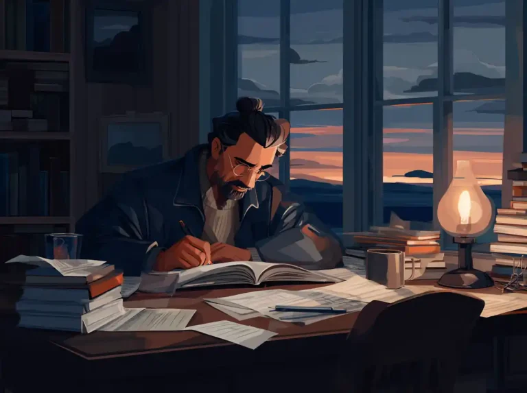 A man with a hair bun writes in a book while learning languages at a desk in the evening.