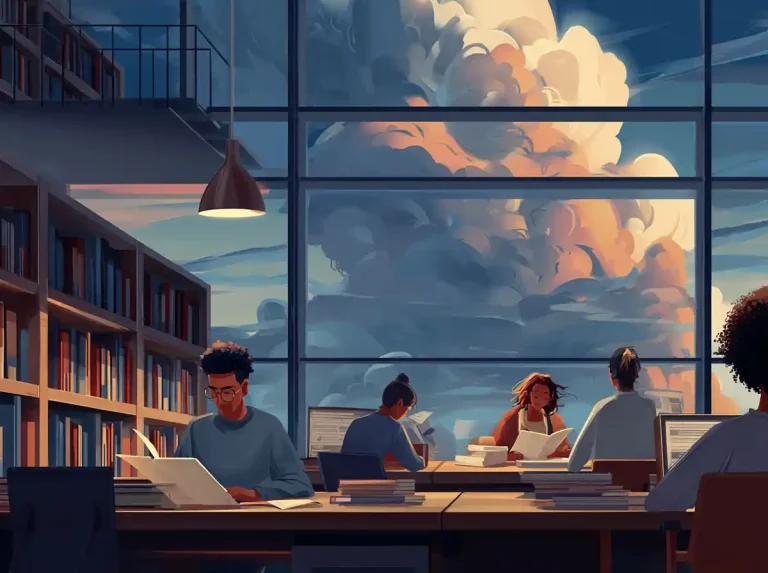 Several students sit at desks with books for learning languages while a cloudy sunset glows outside the window.