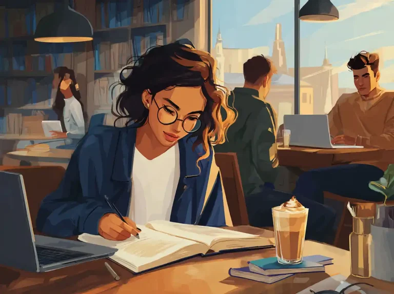 A woman with curly hair and glasses writes in a book while learning languages at a cafe table.