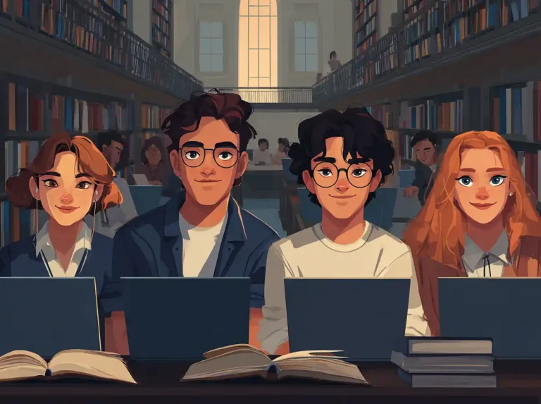 Four students work at laptops in a bright, modern library hall to learn languages.