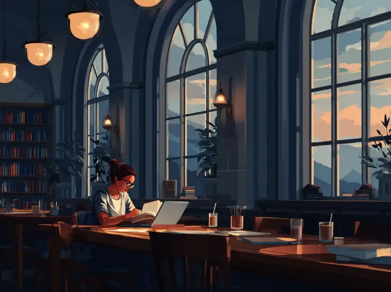 A woman reads a book under library lamps at night for the purpose of learning languages.