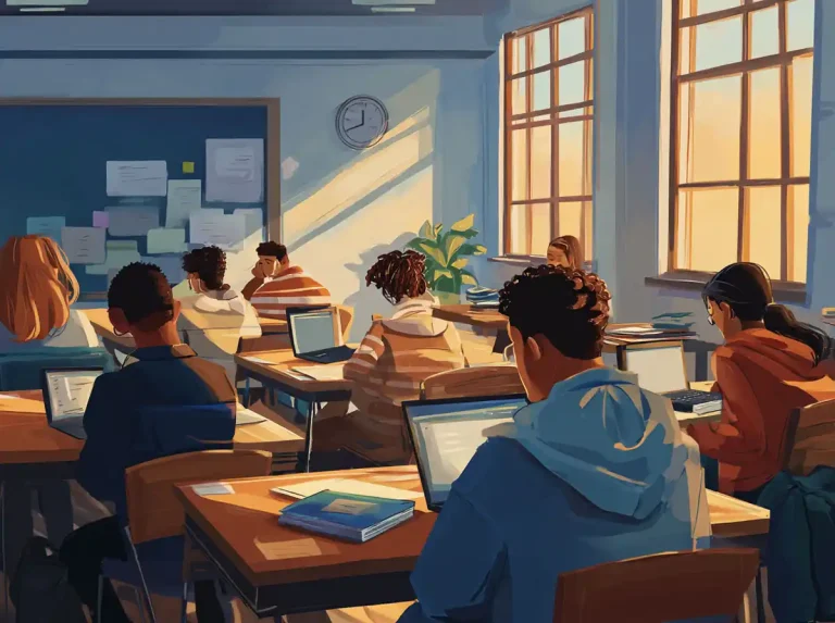Students work at separate desks in a quiet classroom with a clock on the wall while learning languages.