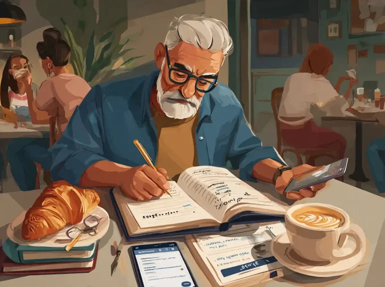 A man at a cafe table with coffee and a croissant uses his phone for learning languages while writing.