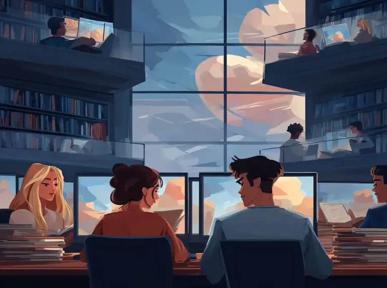 Students work at staggered desks using desktop computers for learning languages in a library with tall shelves.