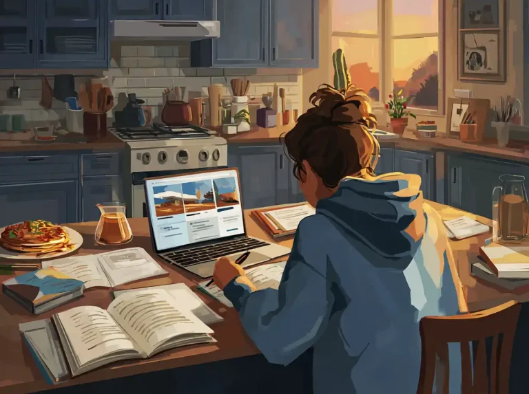 A young woman is looking at a laptop screen while learning languages.